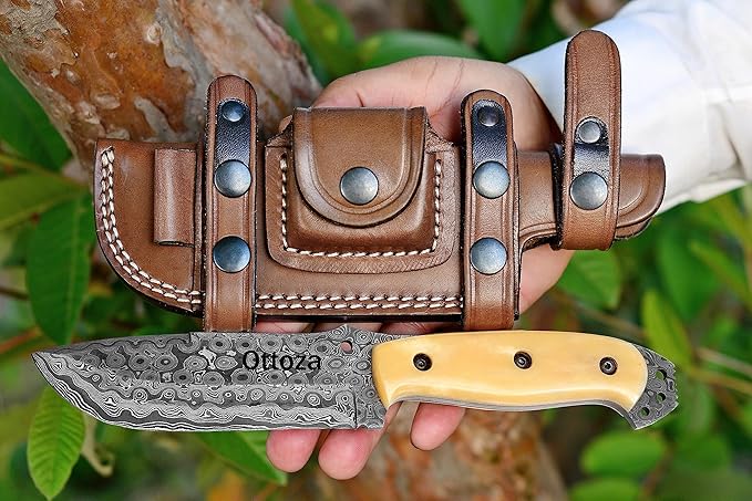Ottoza Fixed Blade Hunting Knife with Leather Sheath and Horizontal Carry - Bone Handle - Full Tang Outdoor Survival and Camping Knife for Men 315