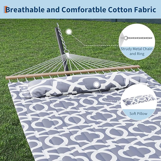 GarveeLife 57 2 Person Outdoor Hammock Widening Design Cotton Hammock with Metal Stand Heavy Duty Construction 450 LBS Weight Capacity Light Grey