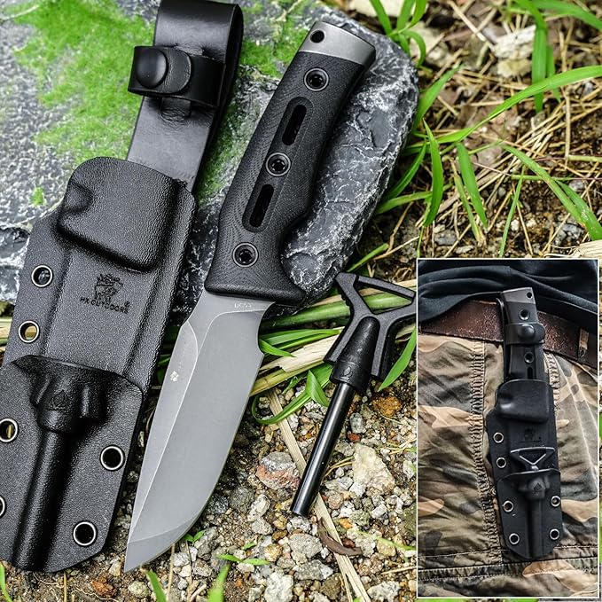 HX OUTDOORS Fixed Blade Knife with Fire Starter Premium DC53 Steel Full Tang Tactical Knives for Men Bushcraft Survival Camping Knife with Kydex Sheath for EDC Outdoor (Gray)
