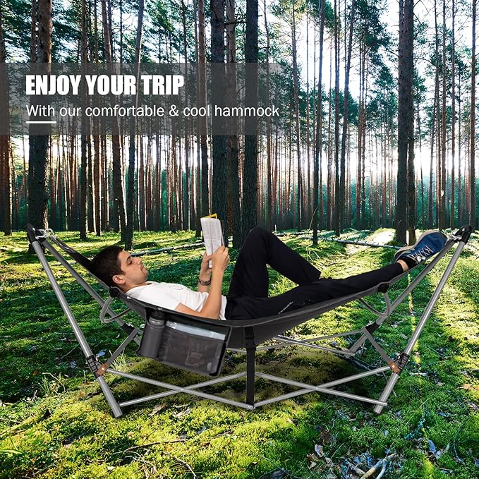 Portable Folding Hammock w/Side Pocket Lounge Camping Bed w/Metal Stand &amp Anti-tip Buckles Outdoor Camping Hammock with Carrying Bag for Patio Garden Yard Easy Assembly (Black)
