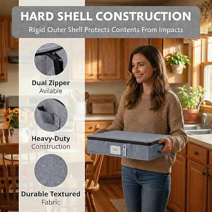 Platter Storage Containers - Hard Shell Protection for Fine China Sturdy Dish Organizer with Dividers for Seasonal Storage Moving &amp More - Protects up to 4 Platters (Gray)