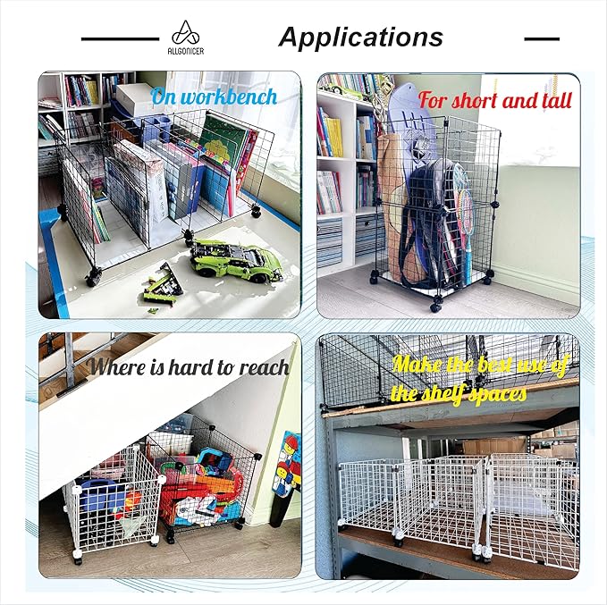 Wire Grid Bin 4-pack with locked casters DIY assembly into 4 single carts or multi-cube carts vertical or horizontal (White 14x14x16. 4 pack)