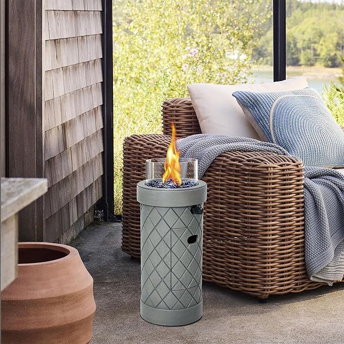 1 lb Column Propane Fire Pit 10000 BTU Gas Fire Pit Outdoor Firepit for Patio w/Wind Glass Shield Glass Rocks