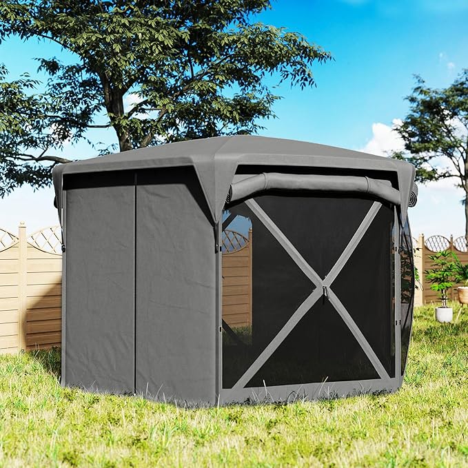 11x11ft Quality Construction Pop-Up Gazebo Screen Tent with Removable Roof Cover and Retractable Wind Panels in Dark Gray