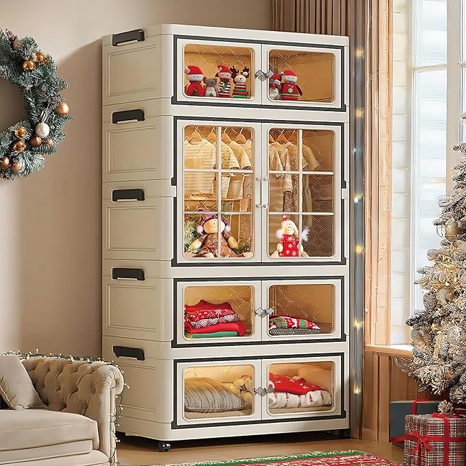 SunSettler Collapsible Storage Bins with Lids Folding Storage Cabinets with Doors Stackable Organizers Cabinets Closet Organizers and Storage for Home Dorm (3+1 Transparent Plus)