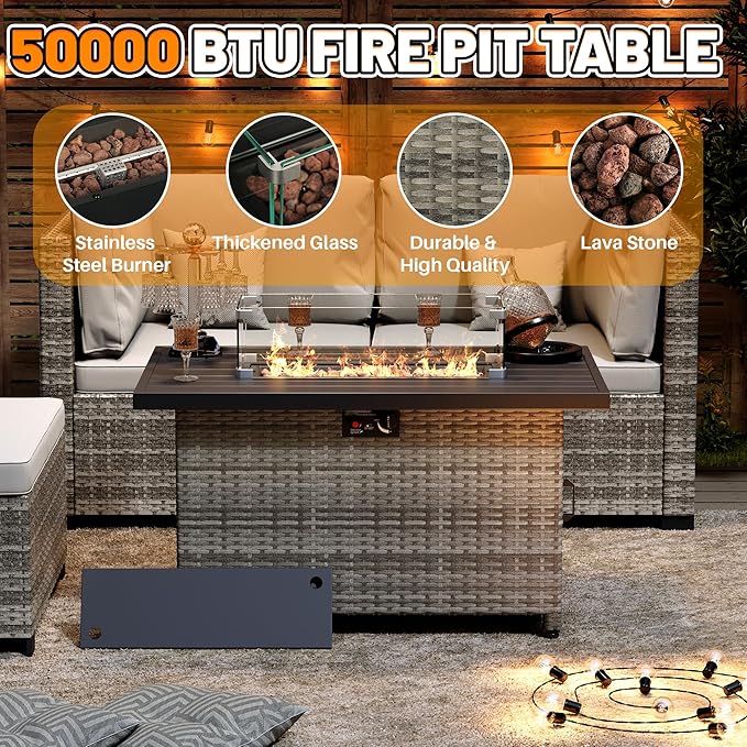 LHBcraft 44 Inch Propane Fire Pit 50000 BTU Fire Pit Table with Glass Wind Guard and Lid Gas Fire Pits for Outside Patio and Garden(Grey)