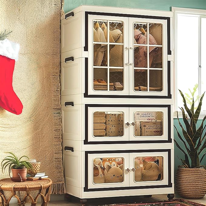 SunSettler Stackable Plastic Storage Cabinet with Transparent Windows Collapsible Closet Organizer with Wheels (2+1)