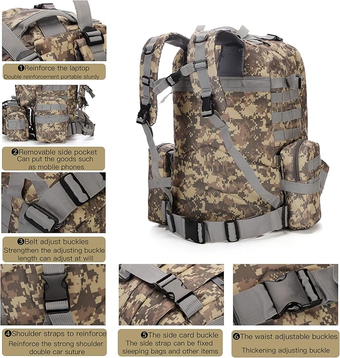 Military Tactical Backpack 45+10L Army 3 Day Assault Pack Molle Camping Hiking Rucksack Traveling Daypack