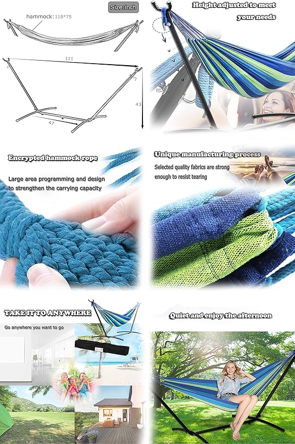 9Ft Portable Solid Steel Heavy Duty Stand Hammock with Carrying Case 2 Person Large Durable and Stable Best Hammock Stands for Indoor or Outdoor Backyard Decor Bed Patio Lawn Garde - Blue 300 Lb
