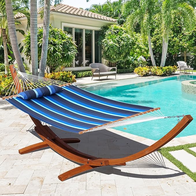 Lazy Daze Hammocks 12 FT Sunbrella Fabric Hammock not Fading with Spreader Bars and Free Pillow Fits for 2 Persons All Weather and Fade Resistant for Patio Yard 450 lbs Capacity Gateway Indigo