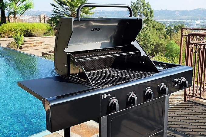 Kenmore 4-Burner Gas Grill with Side Burner Outdoor BBQ Grill Propane Gas Grill Cast Iron Cooking Grates Electronic Ignition Warming Rack Open Cart Design 53000 BTUs Black