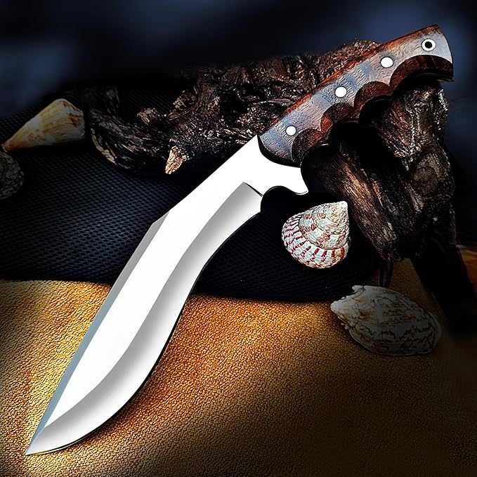 Kukri Survival Knife with Sheath 15 Full Tang Fixed Blade Hunting Knife with Wood Handle for Survival and Bushcraft Outdoor Activities Camping Gifts for Men
