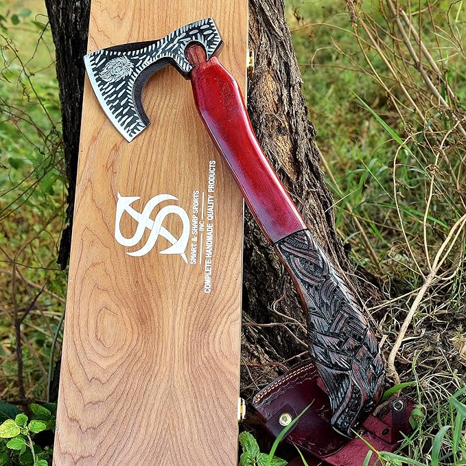 SS SMART &amp SHARP SPORTS INC Custom Handmade High Carbon Steel Viking Axe Real HatchetGift for hIm19 inches SS-17611 with Wooden Box