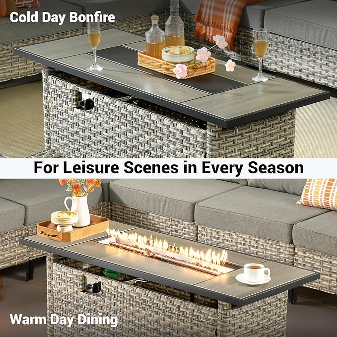OVIOS 54 Inch Outdoor Patio Fire Pit Table 50000 BTU Heater PE Rattan Propane Firepits with Ceramic Tabletop Waterproof Cover Lid and Lava Rock Rectangular Mixed Color