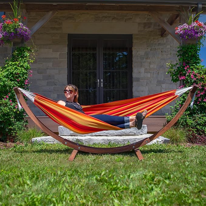 Vivere Fade and Weather-Resitant Brazilian Hammock with Solid Pine Arc Stand - 450 lb Weight Capacity