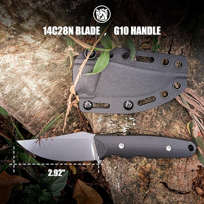 Vosteed H-Back Series EDC Fixed Blade Knife - 2.92 14C28N Blade with Sheath Black G10 Handle with S.O.A.R. Clip for Camping Survival Knives - D0401