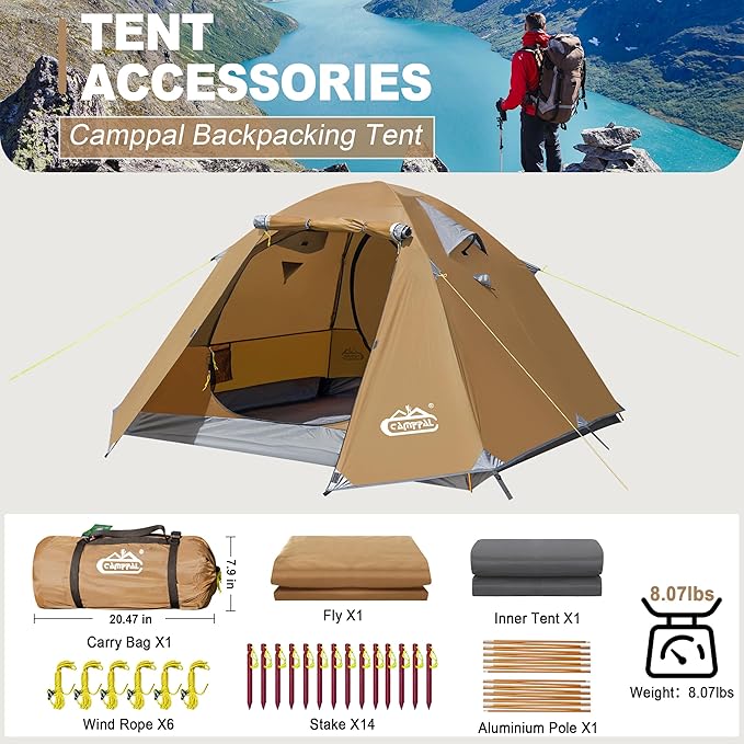 2-3 Person Backpacking Tent with Double Door 2 Vestibule Waterproof Windproof Lightweight Easy Set Up 3 Season 2 Man Two Person Tent for Camping Hiking Motorcycle Mountaineering with UPF 50+