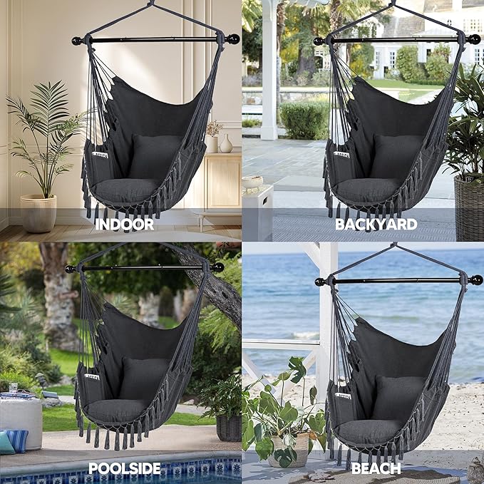 SUNCREAT Hammock Chairs Hammock Chair Swing with Steel Support Bar Side Pocket Large Swing Chair for Bedroom Patio Garden Dark Gray