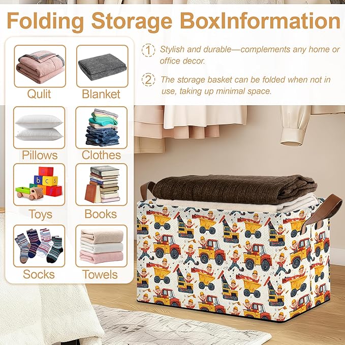 32L Large Storage Bins with Handles Basket Organizer for Shelves Closet Books Laundry &amp Home Decor (Car Excavator)