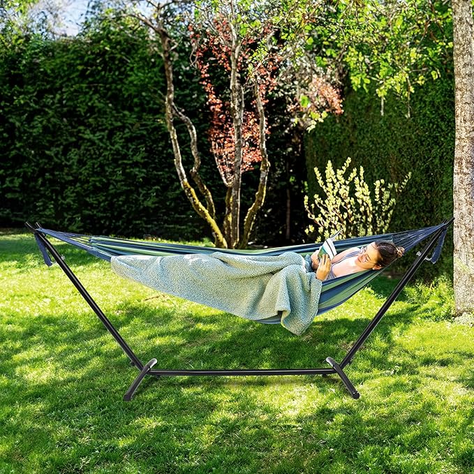 ONCLOUD Heavy Duty 550 LBS Double Hammock with Stand Included with Portable Carrying Bag Upgraded 2 Person Hammock with Frame for Outdoors &amp Indoors Series TDCTZ2 - Blue Green Stripe