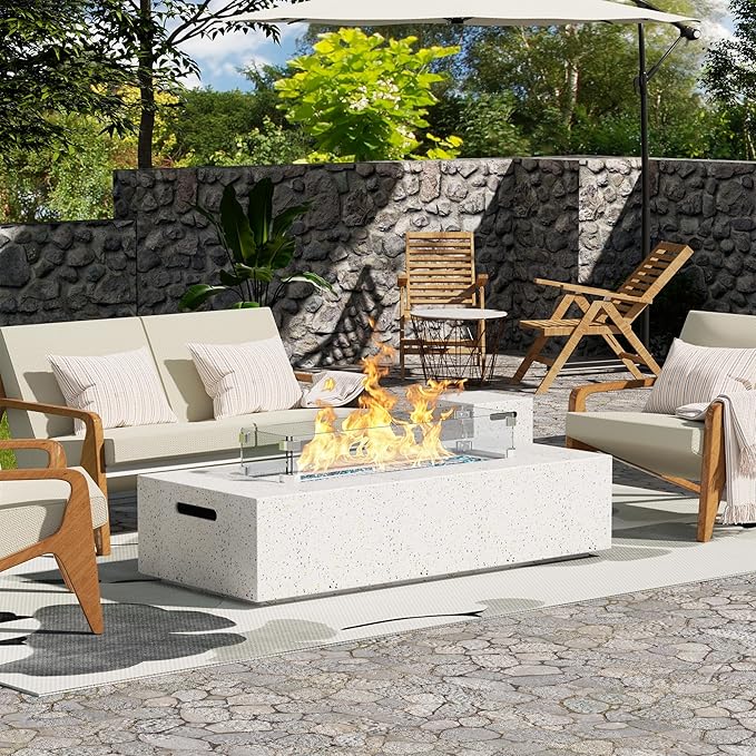 NAGA HABNA Propane Fire Pit Table Outdoor Fire Table (50000 BTU) Gas Fire Pit for Garden Pool Backyard (Spotted White 56 L * 28W * 13H)