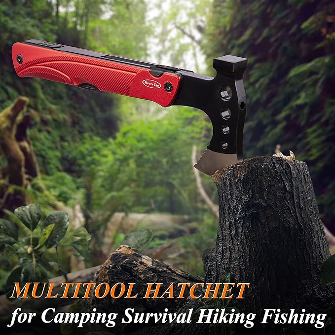 RoverTac Camping Hatchet Multitool Axe Survival Gear 14-in-1 Multi Tool Axe Hammer Knife Saw Bottle Opener Fire Starter Whistle Gifts for Men Dad Him Perfect for Camping Survival Hiking Fishing