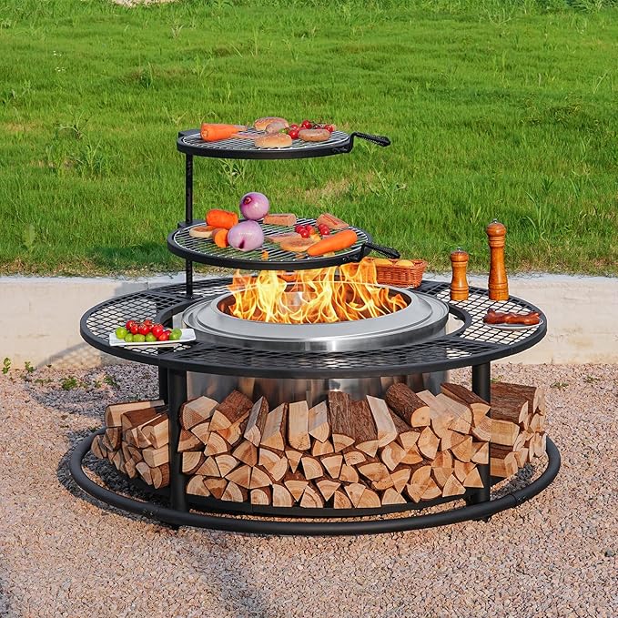 50 Inch Fire Pit Surround Tabletop for Smokeless Fire Pit Outdoor Surround Table with 2 Grill Grates and Firewood Storage Shelf Protective Barrier for Safety &amp Extra Space (Stove not Included)