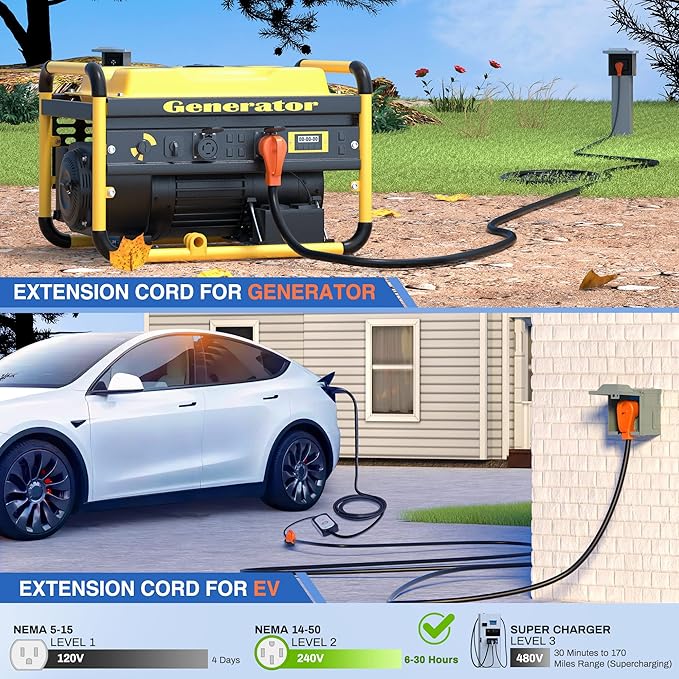 Nilight 50 Amp 50FT RV EV Extension Cord 250V Heavy Duty 6/3+8/1 Gauge Pure Copper STW Wire UL ETL Listed 4 Prong Nema 14-50P 14-50R 50F/50M Cable Suit for RVs EVs Trailer Campers