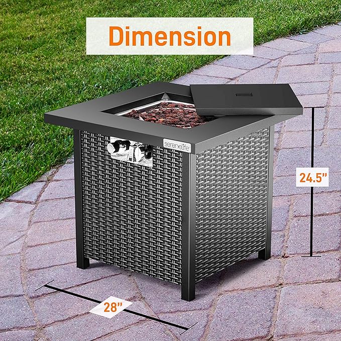 SereneLife Outdoor Propane Fire Pit Table - 40000 BTU Square Gas Fire Table with Steel Top Rattan-Style Panels 6.6 lbs Lava Rock Set Pulse Ignition for Patio &amp Backyard Heating 28 x 28 x 24 i