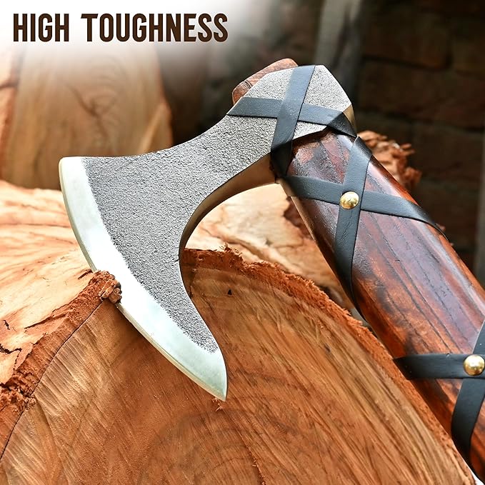 22-Inch Hand-Forged Viking Axe with Sheath Hatchet with Sheath Gift for Men Survival Axe Viking Bearded Camping Axe Ragnar Lothbrok Axe Viking Knives Best Gift Axe (Brown)