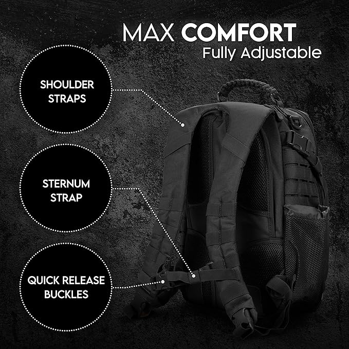 TLO Outdoors TacPack24L Tactical Backpack - Water Resistant 24 Liter Capacity Daypack Rucksack Gear Bag Laptop Bag