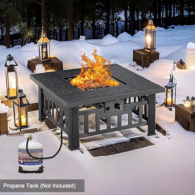 VECELO Propane Fire Pit 30 Inch Outdoor Gas Fire Table 50000 BTU Square Firepit with Lid and Lava Rock Adjustable Flame Steel Fire Table for Outdoor Patio Backyard Party Black