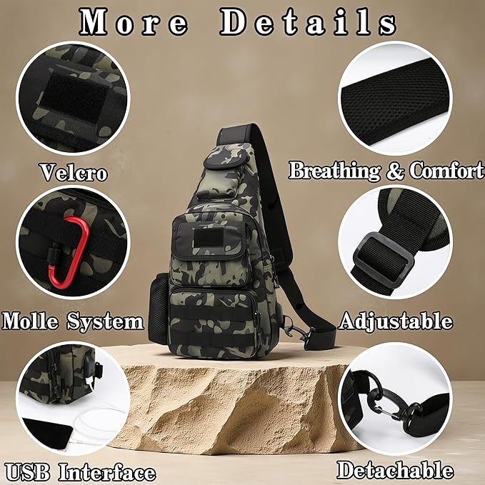 1000D Molle Tactical Shoulder Bag for Men - Military Chest Pack Outdoor Daypack for EDC Hiking &amp Daily Carry (Black)