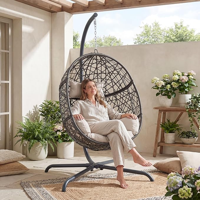 NICESOUL Bird Cage Swing Egg Chair UV/Water-Resistant 450lbs Capacity Wicker Swinging Chairs with Stand Comfy Oversized Hanging Seat w/Cushion Metal Frame &amp Cover for Indoor Outdoor Grey &amp