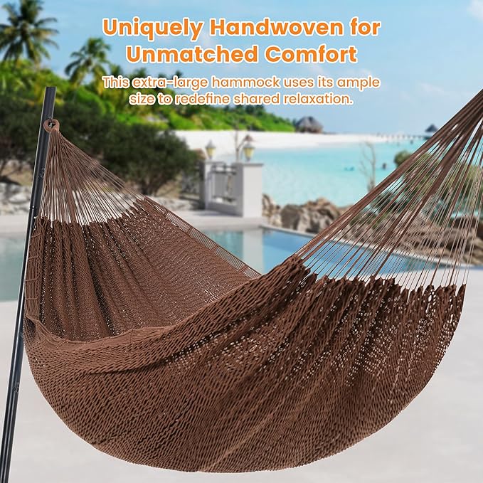 Lazy Daze Hammocks Handwoven Mayan Hammock 10.5 FT Soft Rope Double Hammocks Portable Outdoor Hammock with Carry Bag 2 Straps &amp Carabiners for Patio Outside 550 lbs Weight Capacity Coffee