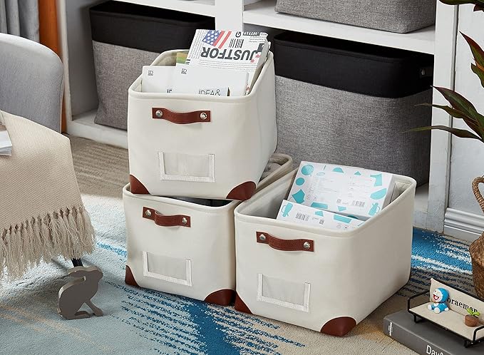 DECOMOMO White Storage Bins Fabric Storage Baskets for Shelves &amp Linen Closet Organization (Creamy White W/ Label holder Large - 3 Pack)