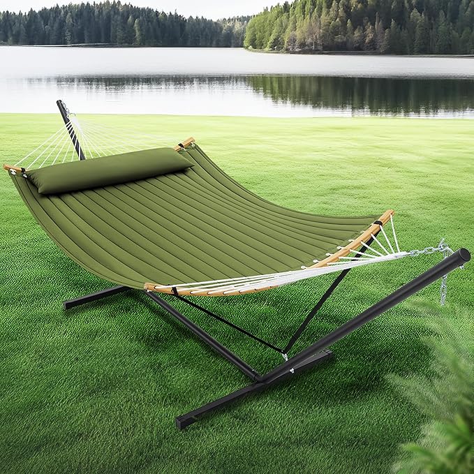 SUPERJARE Curved-Bar Hammock with Stand 2 Person Heavy Duty Hammock Frame Detachable Pillow &amp Portable Carrying Bag Perfect for Outdoor &amp Indoor Spring Green