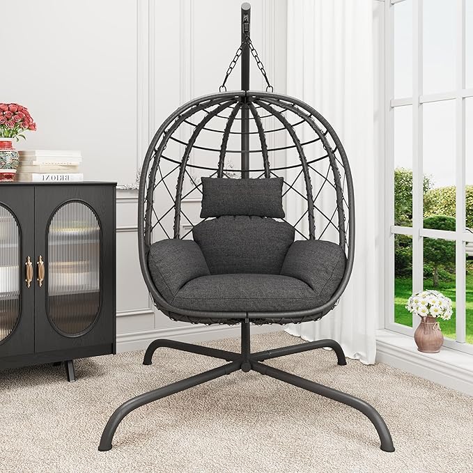Hanging Egg Chair with Stand Patio Wicker Rattan Swing Chair Hammock Egg Chair for Indoor &amp Outdoor 400lbs Capacity with Thickened Cushion for Bedroom Balcony Garden