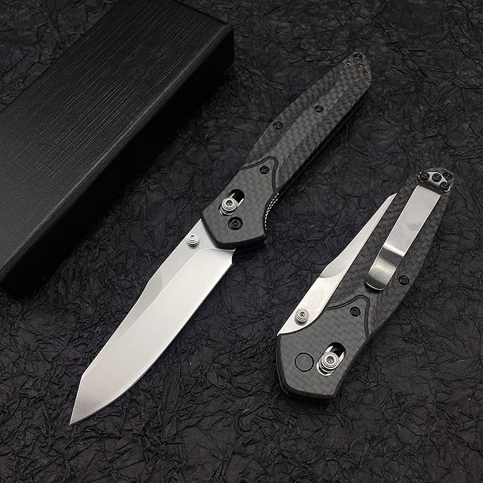 HUAAO 7.7in EDC Pocket Knife 3.6in Reverse Tanto Blade with Thumb Stud Plain Edge D2 Steel Black Carbon Fiber Handle with Belt Clip Mechanism for Outdoor Camping