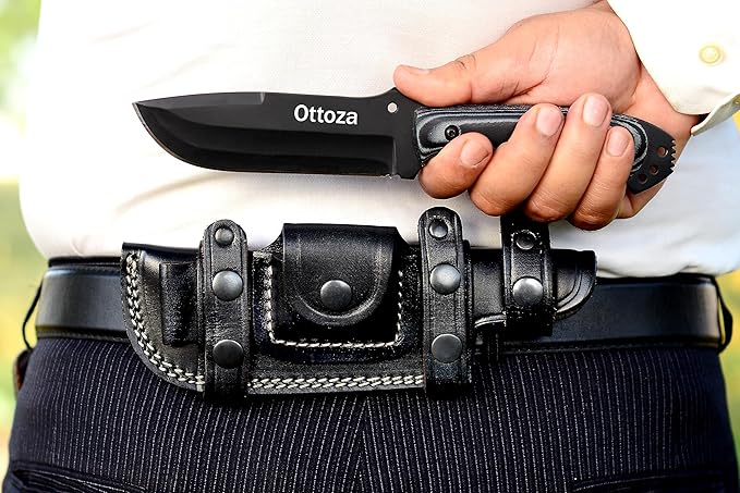 Ottoza Fixed Blade Hunting Knife with Leather Sheath and Horizontal Carry - Full Tang Outdoor Survival and Camping Knife for Men - Micarta Handle 312