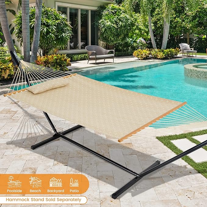 Lazy Daze Hammocks 12 FT Sunbrella Fabric Hammock not Fading with Spreader Bars and Free Pillow Fits for 2 Persons All Weather and Fade Resistant for Patio Yard 450 lbs Capacity Meander Wren