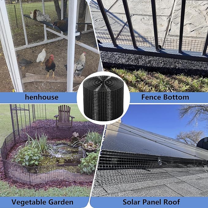 10in X 100ft Critter Guard for Solar Panels 1/2inch PVC Coated Solar Panel Guard Critter Guard Roll Kit for Solar Panel Wire Mesh Black Pigeon Barrier with 120pcs Fasteners Cutting Scissor Gloves