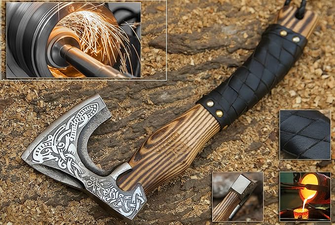 QEPAA CRAFTS® 13” Inch Hand-Forged Viking Axe-Rosewood Handle Hatchets and Axes Wood Splitting Axe Camping AxeViking Gift for Men (Medieval)