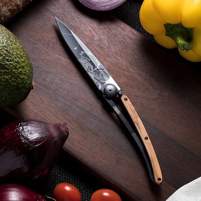 deejo - 37G Folding Pocket Knife with Belt Clip - Trout Design 3.7-Inch Stainless Steel Blade Black Titanium Finish Juniper Wood Handle - Lightweight Everyday Carry for Home Work and Outdoor Use