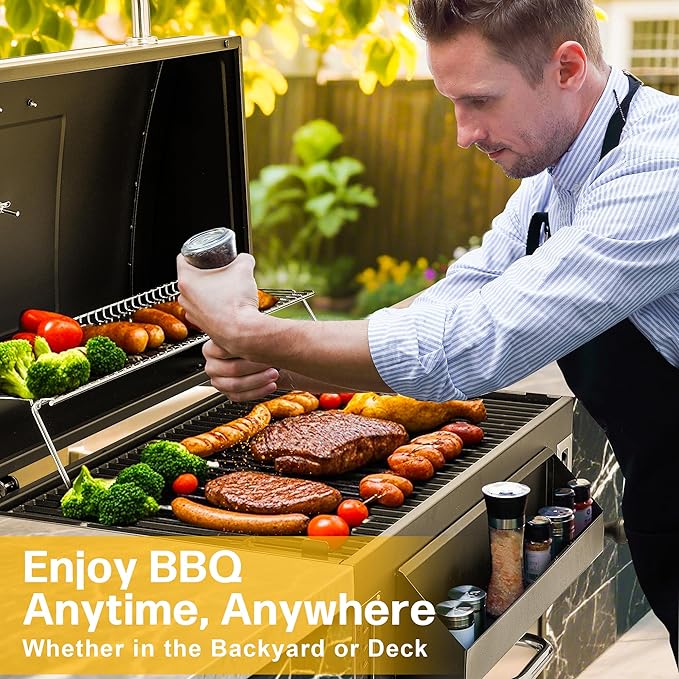 Built-in Charcoal Grill Large BBQ Grills with Liftable Tray Insulated Hood &amp Temp Gauge Black Stainless Steel Barrel Grill for Outdoor Kitchen Family BBQ Parties &amp Patio Use