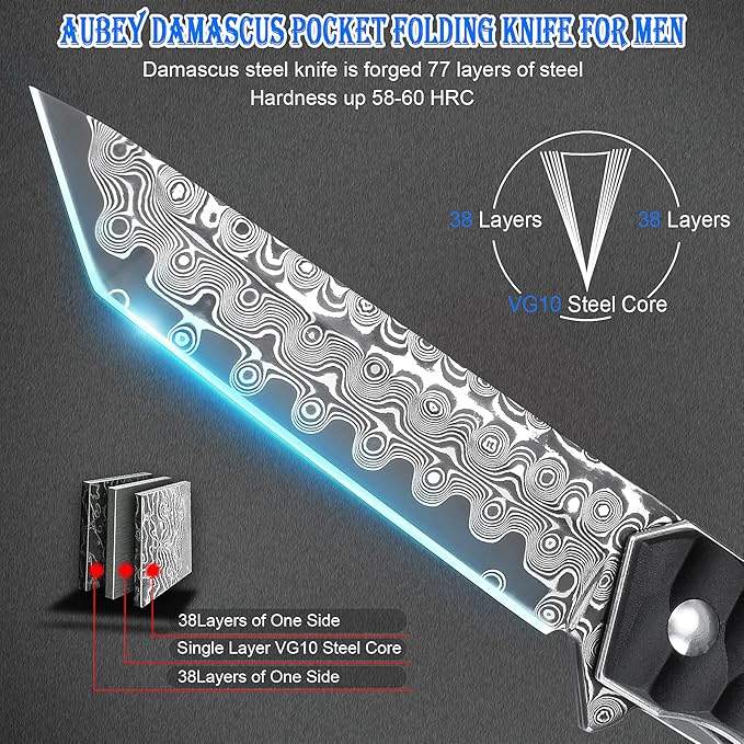 AUBEY Damascus Pocket Knife with Clip Tanto Blade Damascus Steel Folding Knives for Men Tactical Aluminum Handle with Glass Breaker for EDC Camping Gift