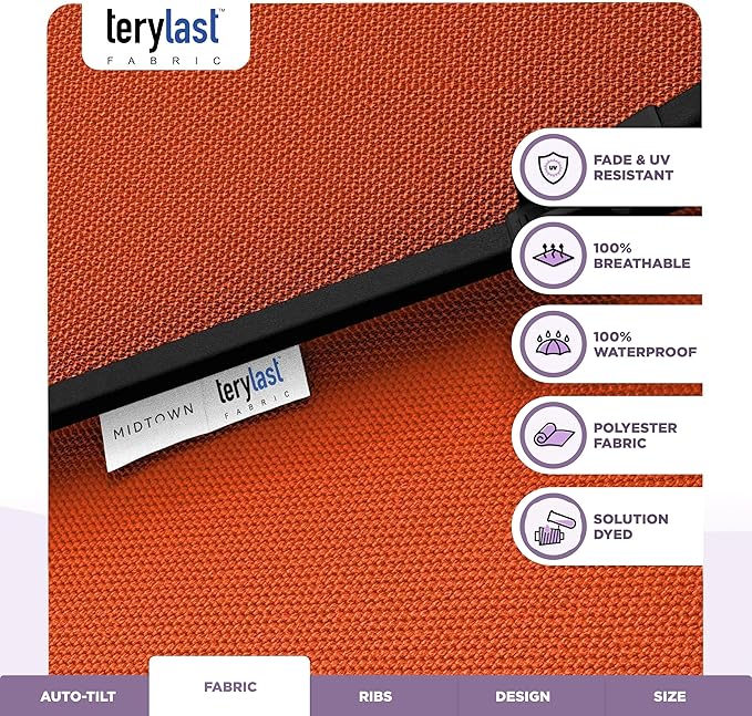 Midtown Umbrellas - 10-Year-No-Fade 6 Ft Patio Umbrella with Terylast Fabric Auto-Tilt Aluminum Frame and 8 Reinforced Ribs for Deck Pool Garden &amp Beach - Tangerine Canopy Black Pole