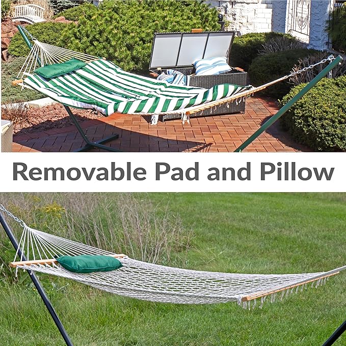 Sunnydaze Rope Hammock with Stand for Outside- 275-Pound Capacity - Includes 12-Foot Hammock Stand Spreader Bar Pad and Pillow - Green &amp White Stripe