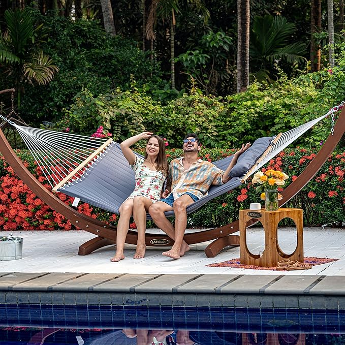 Lazy Daze Hammocks 2 Person Double Quilted Fabric Hammock with Spreader Bar Detachable Pillow Side Pocket Carabiners Chains Straps for Outdoor 450lbs Capacity Grey