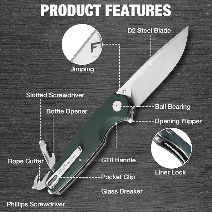 FLISSA Multitool Pocket Knife 3.3 D2 Blade with G10 Handle Liner Lock Folding Knife with Glass Breaker Screwdrivers Bottle Opener &amp Rope Cutter for EDC Survival Camping Hiking (Green)